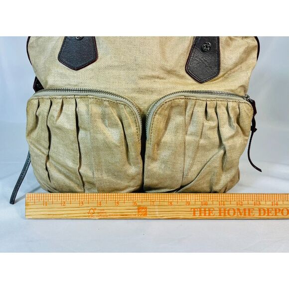 MZ Wallace Jane Glazed Linen Beige Satchel Leather Handles Pockets Large Capac - Picture 10 of 11